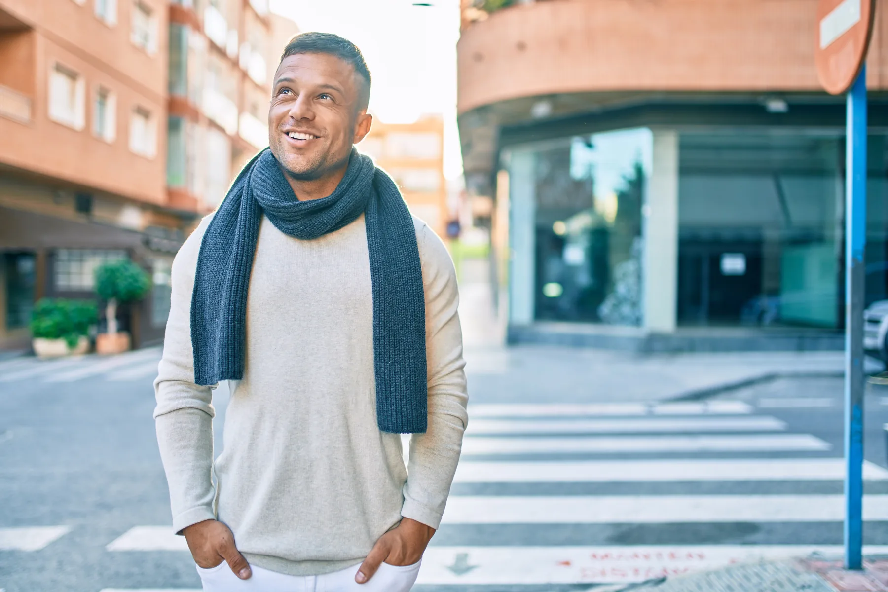 Smiling Man on City Street Smiling man walking on a city street